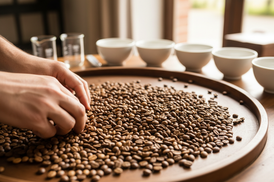 Grains de café de spécialité triés à la main sur une table de dégustation