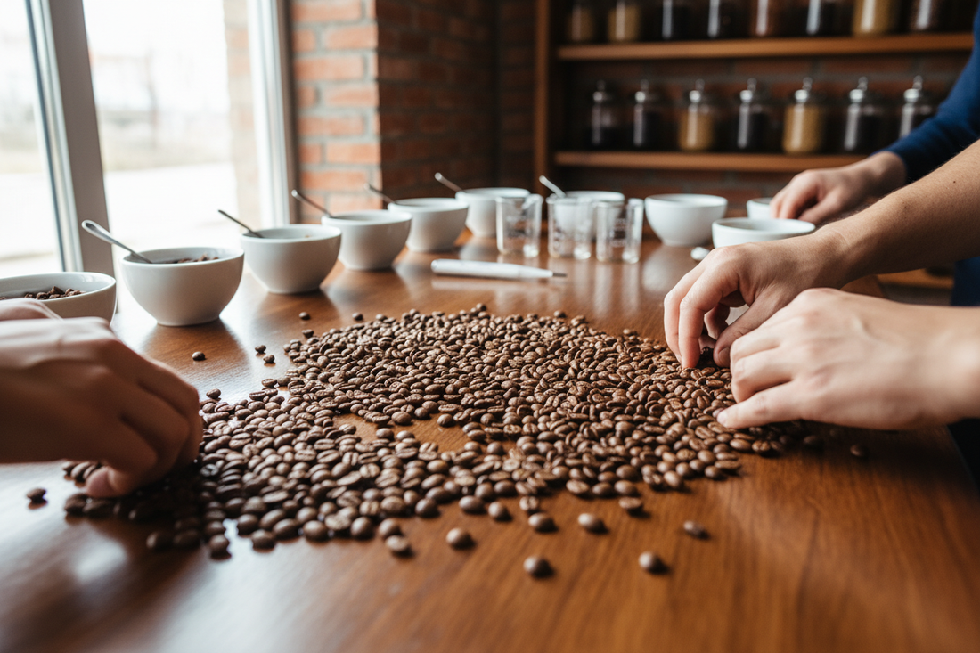 Grains de café de spécialité triés à la main sur une table de dégustation